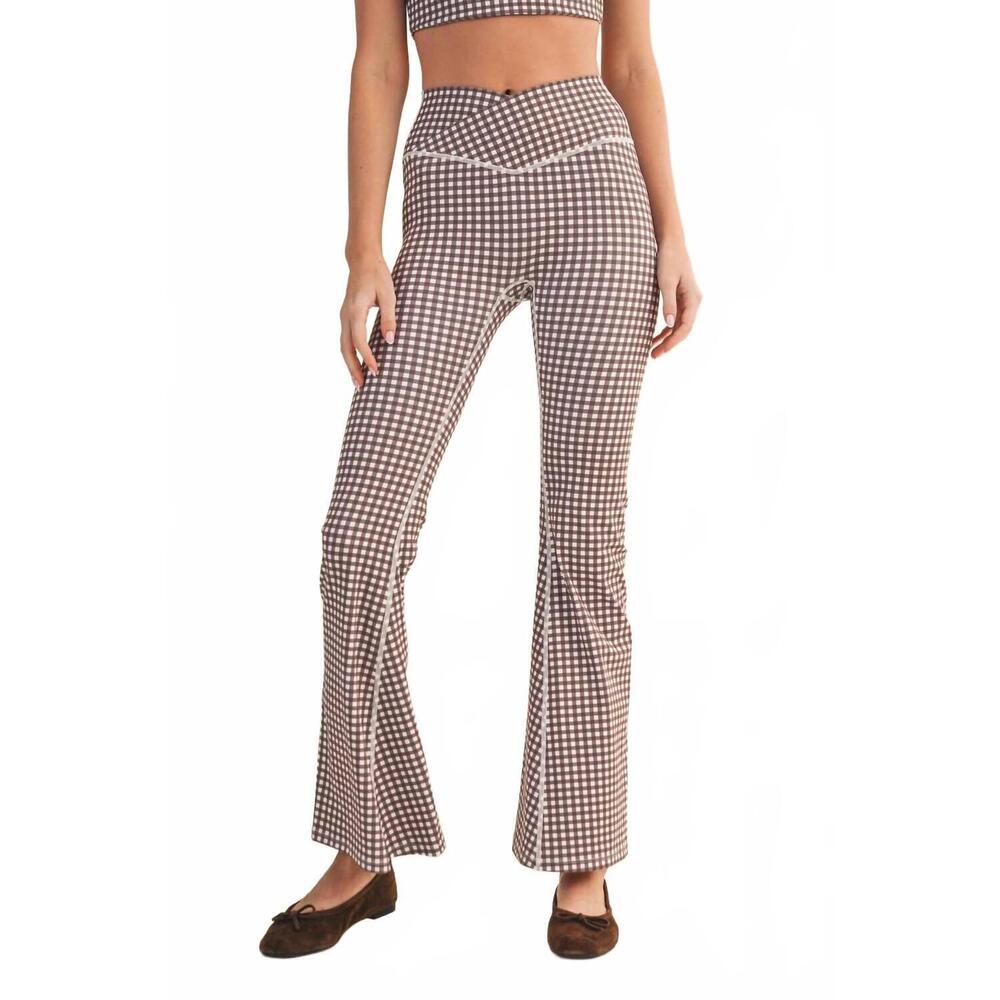 NEW KIMBERLY C gingham print high waist crossover flare legging in brown gingham